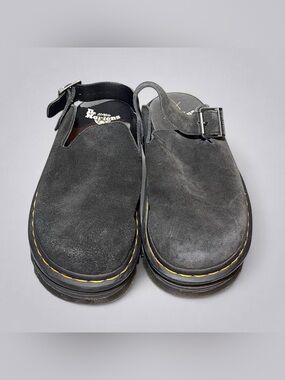 Dr. Martens Black Suede Buckle Clog Mules with Yellow Stitching